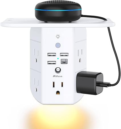 Wall-mounted socket extender with bracket and night light, surge protector, wall-mounted charger multi-plug extender with 5 AC outlets and 3 USB A ports and 1 USB C port, spacious 3-sided power socket